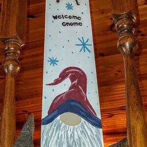 Holiday Welcome Gnome Sign - Red and Blue, Hand Painted
